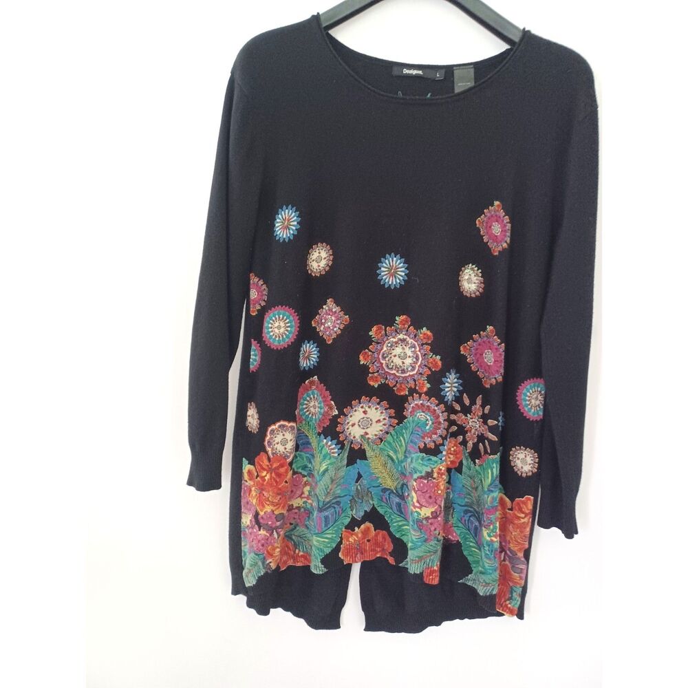 Desigual Sweater Tunic Large Sequin Floral Eclectic Artsy Boho Maximalist